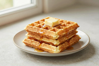 A stack of golden classic american waffles on a plate with a pat of butter and the toppings from the recipe