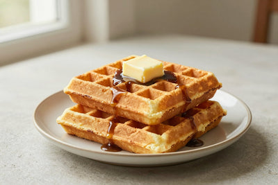 A stack of golden classic buttermilk waffles on a plate with a pat of butter and the toppings from the recipe