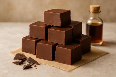 Squares of classic chocolate fudge on parchment