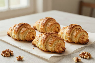 Crescent-shaped classic cinnamon walnut rugelach on parchment, the filling spiraled inside