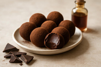 Classic Dark Chocolate Truffles on a plate, one bitten
