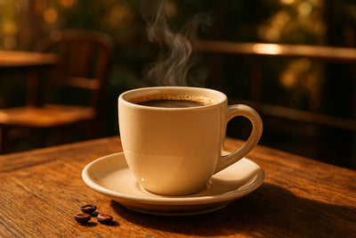 Classic Drip Coffee in a ceramic mug on an oak patio table