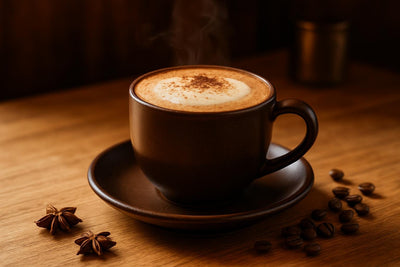 Classic Mocha in a ceramic mug on an oak kitchen island