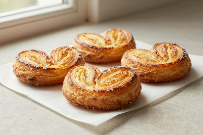 Classic palmiers on parchment, showing crisp, flaky, deep golden layers