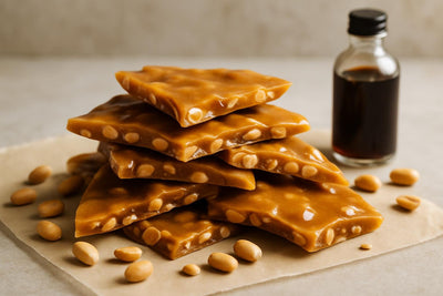 Shards of classic peanut brittle on parchment