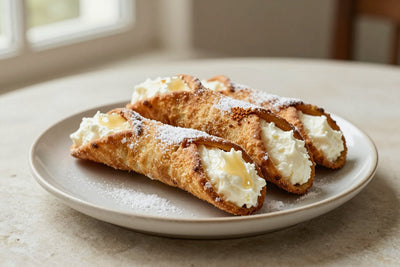 Classic sicilian cannoli on a plate, crisp shells with the creamy filling piped out of both ends