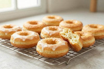 Fresh classic yeast-raised doughnuts on a wire cooling rack, one broken open to show the tender inside