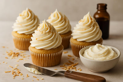 Cupcakes piped with coconut buttercream frosting