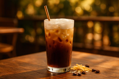 Coconut Cold Brew in a glass on an oak patio table