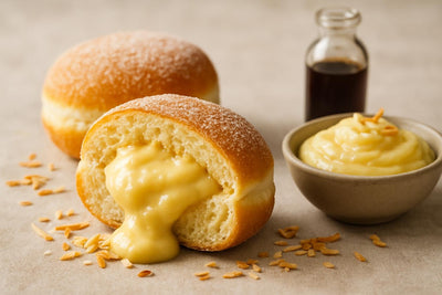 Filled doughnut cut open to show coconut custard