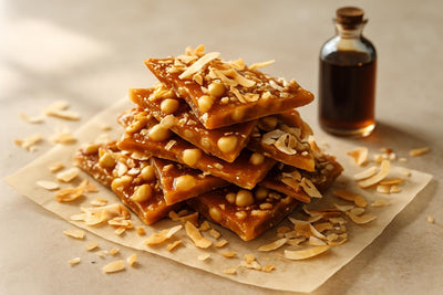 Shards of coconut macadamia toffee on parchment