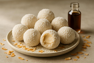 Coconut Truffles on a plate, one bitten