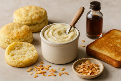 Coconut Vanilla Butter in a crock with warm biscuits