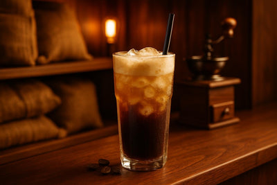 Coffee Cream Soda in a glass on an oak bar