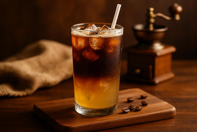 Coffee Lemonade in a glass on an oak serving board