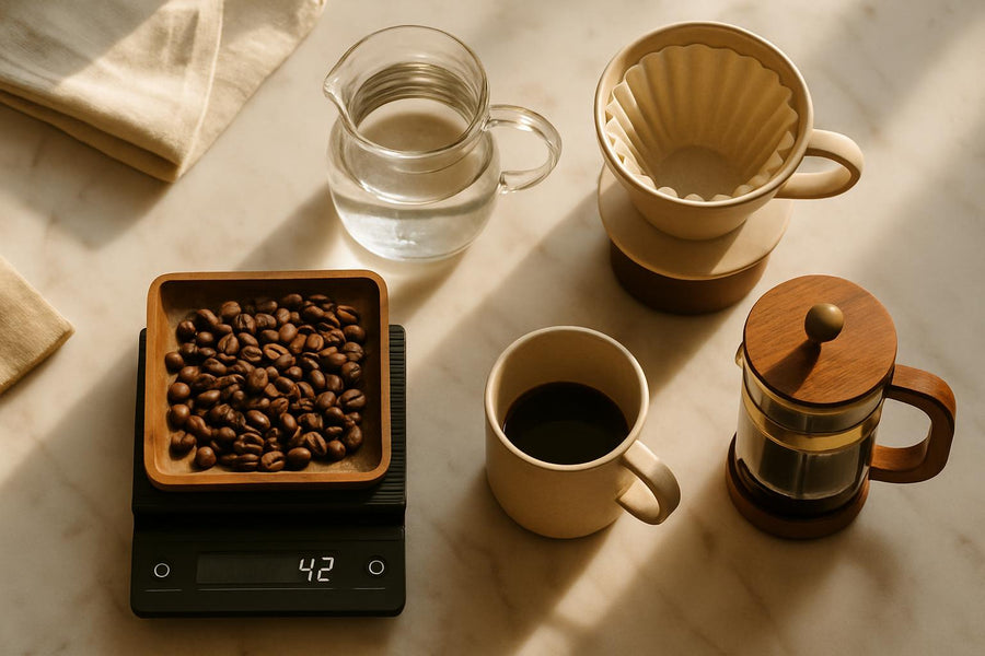 Digital scale measuring coffee beans next to water carafe and brewing equipment for precise coffee to water ratio
