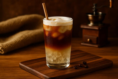 Cold Brew Tonic in a glass on an oak serving board