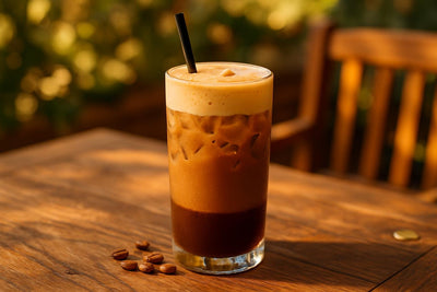 Cookie Butter Cold Brew in a glass on an oak patio table