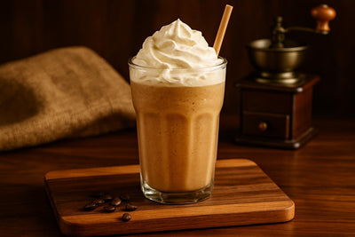 Cookie Butter Frappé in a glass on an oak serving board