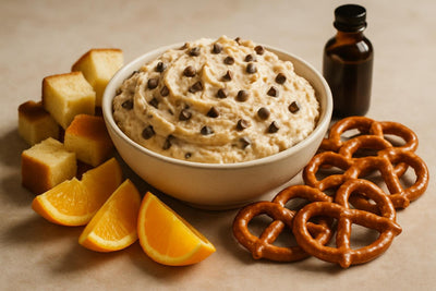 Bowl of cookie dough dip with brioche, pretzels and fruit