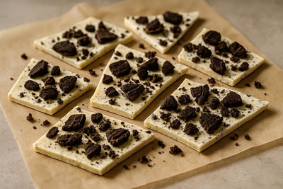 Shards of cookies and cream bark on parchment
