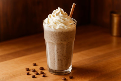 Cookies & Cream Frappé in a glass on an oak kitchen island