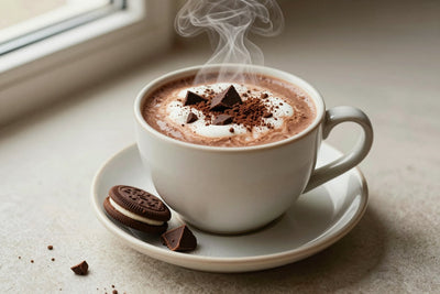 Cookies & Cream Hot Chocolate in a ceramic mug