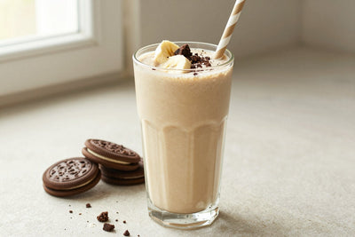 A tall glass of thick, creamy cookies & cream protein shake with a straw, a few of its fresh ingredients beside it