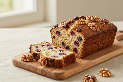 A loaf of cranberry walnut bread on a wooden board, two thick slices cut to show the moist crumb