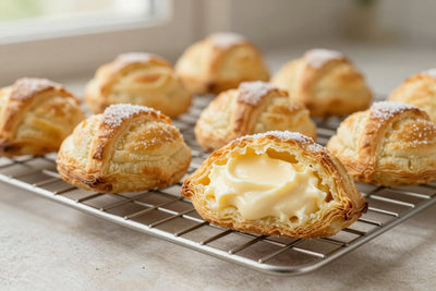 Golden cream cheese turnovers on a wire rack, one cut open to show the filling