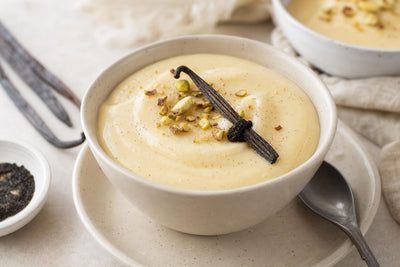 Dairy-free cardamom vanilla pudding made with Ugandan vanilla