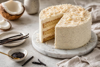 Dairy-free coconut vanilla layer cake made with Madagascar vanilla