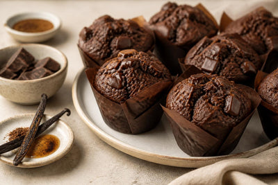 Dairy-free dark chocolate vanilla muffins made with Indonesian vanilla