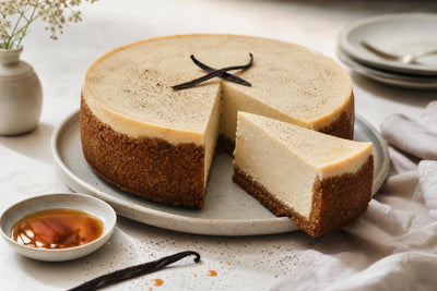 Dairy-free maple vanilla cheesecake made with Tahitian vanilla