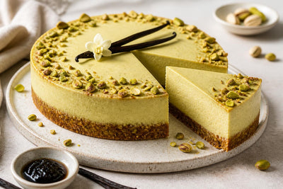 Dairy-free pistachio vanilla cheesecake made with Tahitian vanilla