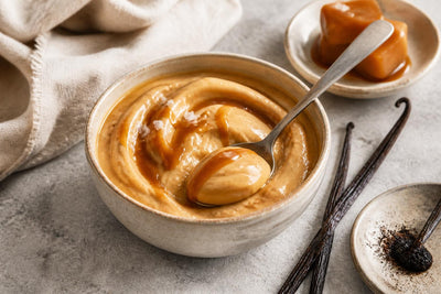 Dairy-free salted caramel vanilla pudding made with Tahitian vanilla
