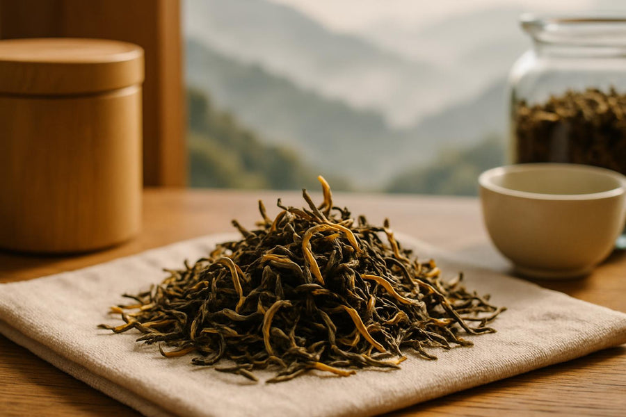 Loose-leaf Darjeeling tea with golden tips on linen, Himalayan hills in background