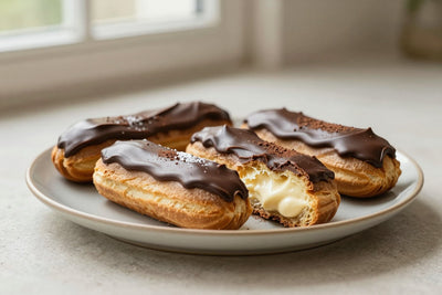 A row of dark chocolate éclairs on a plate, glossy topping, one cut to show the creamy filling
