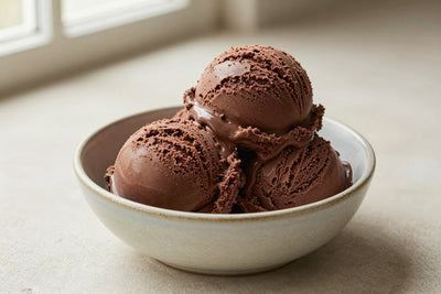 Two generous scoops of dark chocolate ice cream in a shallow ceramic bowl, softly melting at the edges