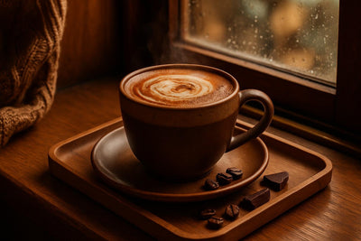 Dark Chocolate Mocha in a ceramic mug on an oak tray by a window
