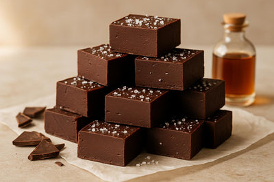 Squares of dark chocolate sea salt fudge on parchment