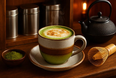 Dirty Matcha in a ceramic mug on an oak bar