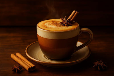 Double Dirty Chai in a ceramic mug on an oak bar