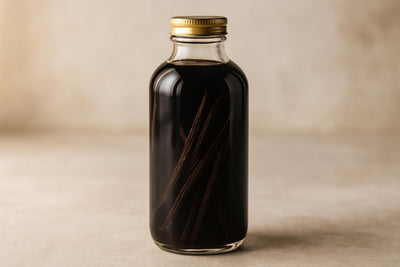 Bottle of homemade double-fold vanilla extract packed with vanilla beans