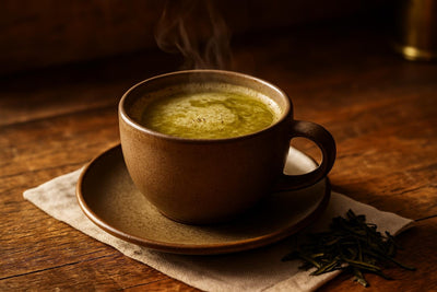 Dragon Well in a ceramic mug on an oak table
