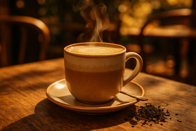 Earl Grey Latte in a ceramic mug on an oak patio table
