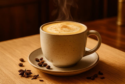 Eggnog Latte in a ceramic mug on an oak kitchen island