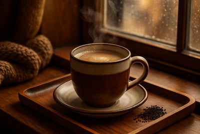 English Breakfast Tea in a ceramic mug on an oak tray by a window