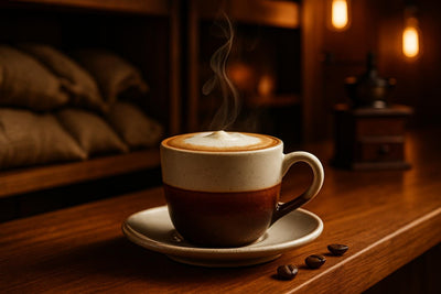 Espresso Macchiato in a ceramic mug on an oak bar