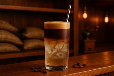 Espresso Tonic in a glass on an oak bar